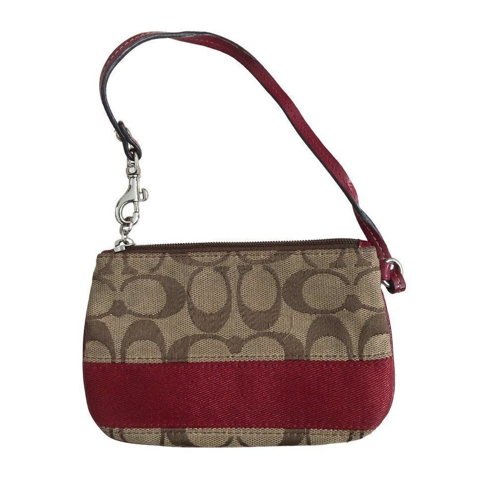 Coach Signature Small Wristlet Brown Canvas Burgundy Stripe